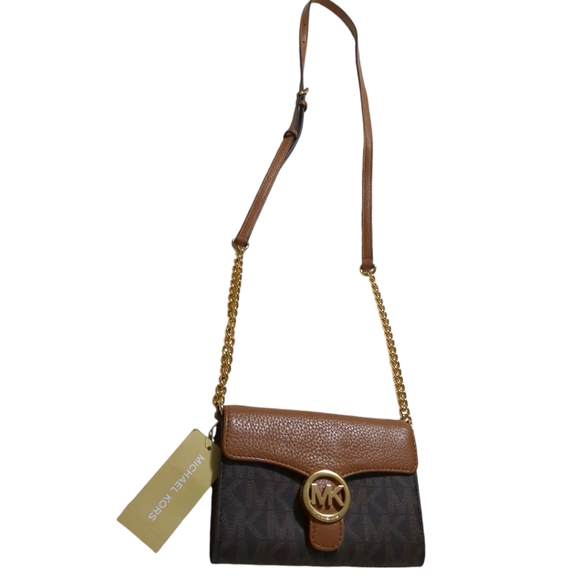 *New*Michael Kors Monogram Black & Tan Leather Crossbody Purse - Picture 14 of 16